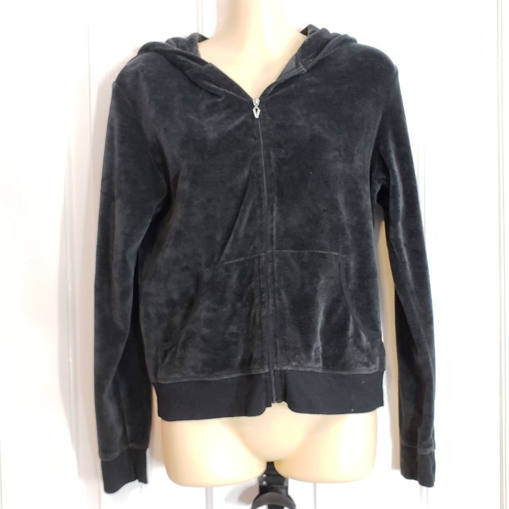 Vintage Victoria's Secret Black Velour Hoodie Small Y2K McBling Gem Zipper